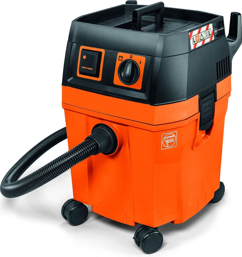 An orange and black industrial wet/dry vacuum cleaner with a hose attached, shown on a white background.