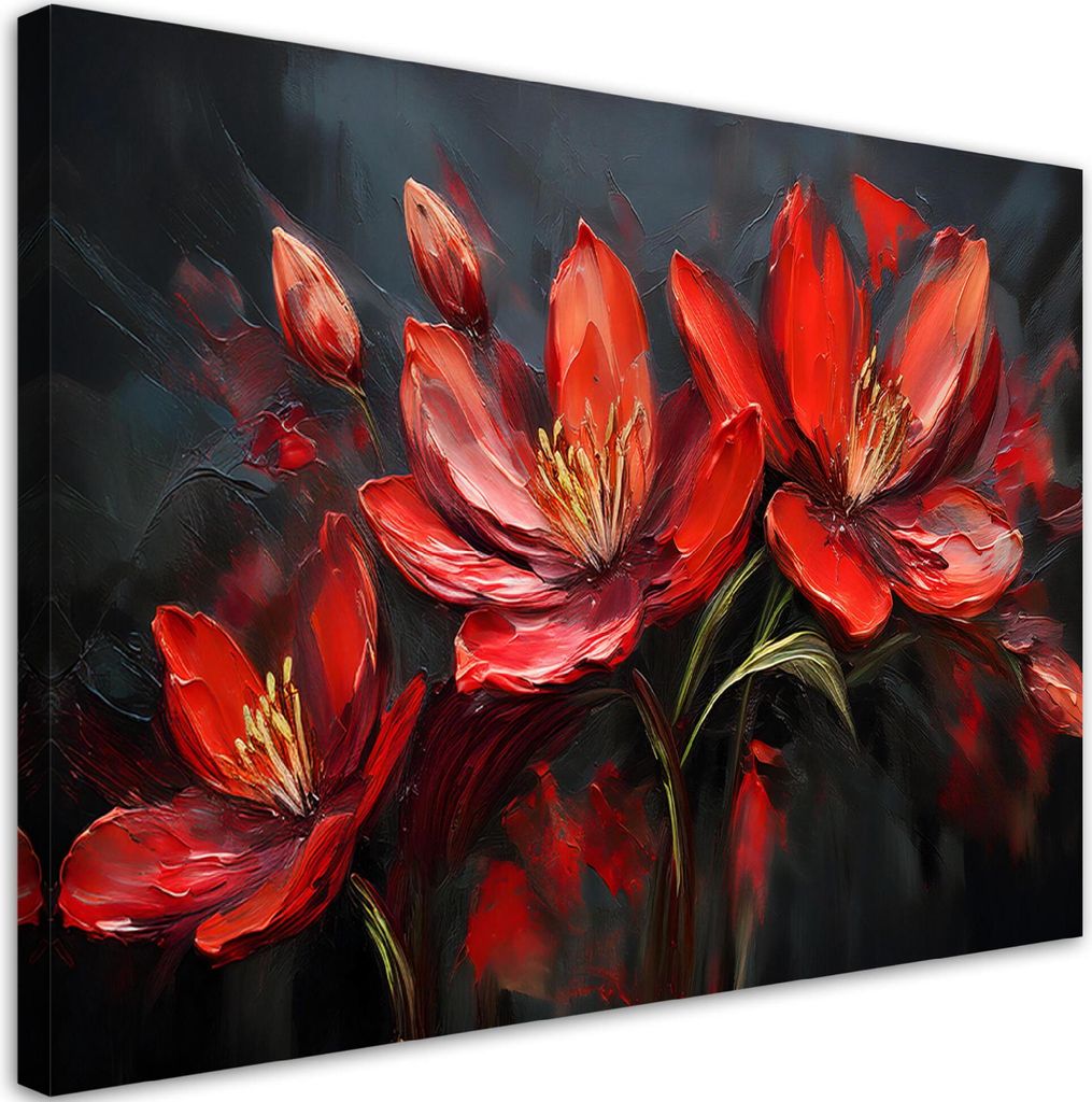 Leinwandbild Blumen Mohn Rot Gemalte 90x60 Feeby Rot bild für die wand bereit zum aufhängen