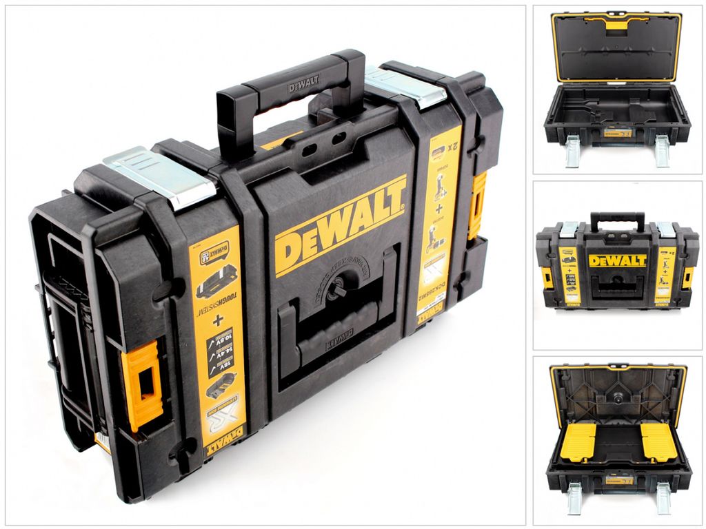Collage of images showing a DeWALT tool box from different angles, including open and closed views.
