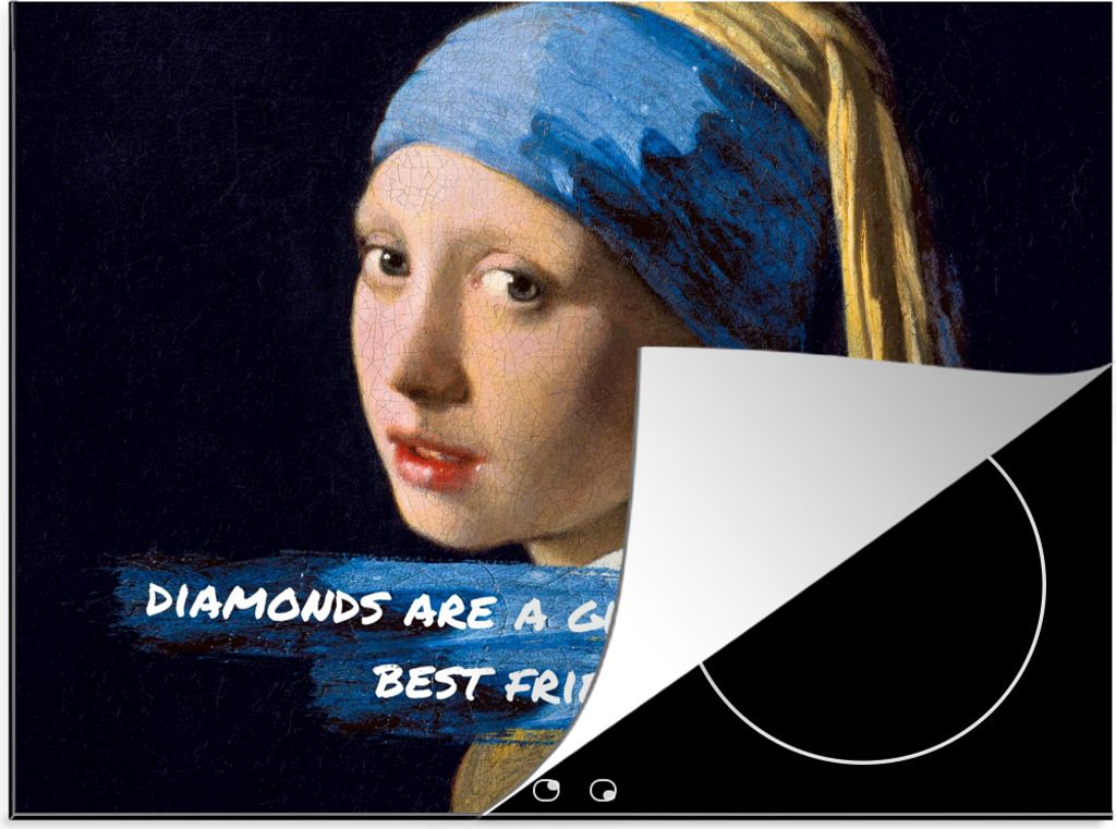 KitchenYeah Herdabdeckplatte Vermeer - Das Mädchen mit dem Perlenohrring - Zitat , 70x52cm, Küche Deko, Glaskeramikfeld Herdabdeckung, Abdeckpl...