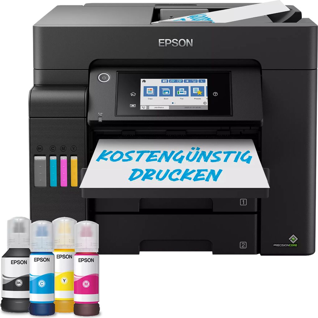 A black Epson EcoTank ET-5805 WLAN-multifunction printer with four ink bottles in the foreground.