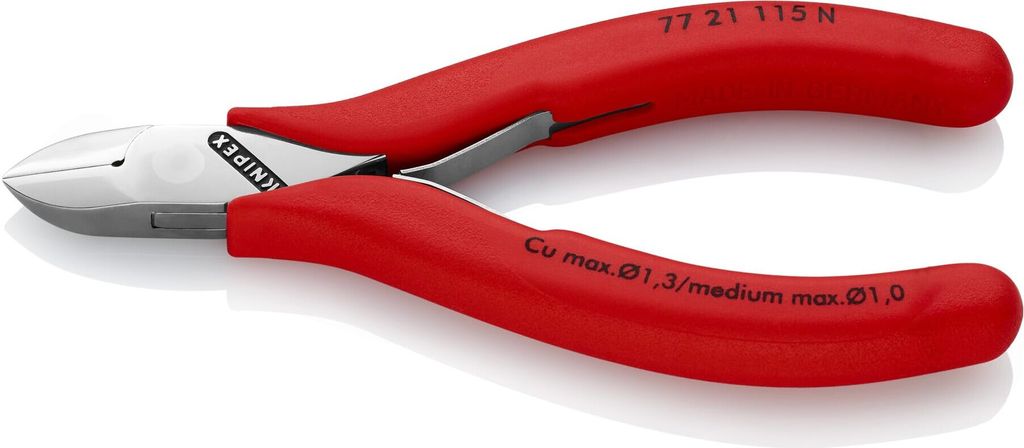 KNIPEX 77 21 115 N Elektronik-Seitenschneider mit durchgestecktem Gelenk mit rutschhemmenden Kunststoff-Hüllen 115 mm