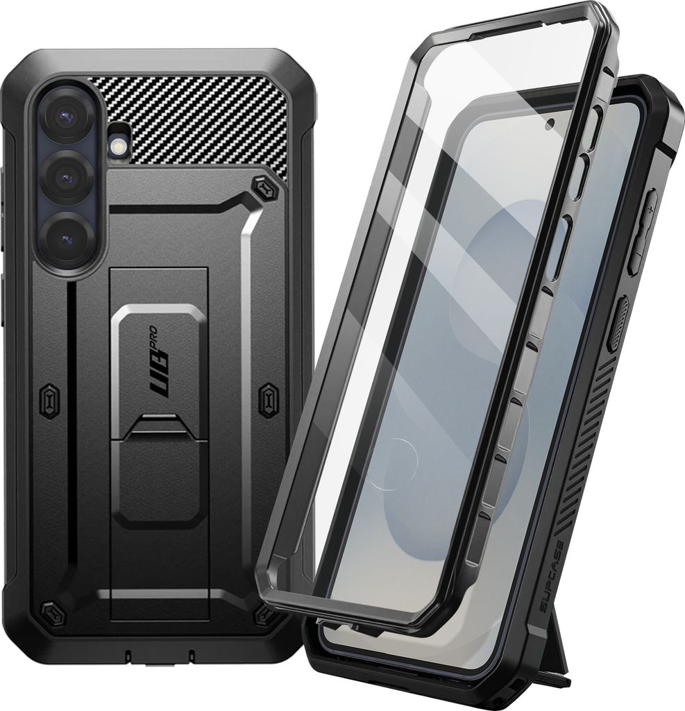 A black, rugged phone case with a built-in stand and a separate transparent screen protector is shown against a white background. The case has a carbon fiber texture on the back and a metallic finish on the sides and stand.