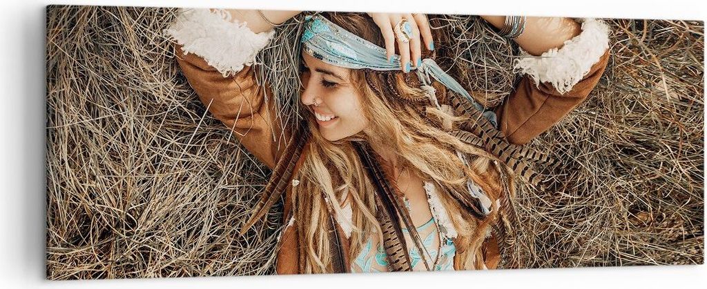 Bild auf Leinwand - Leinwandbild - Einteilig - Hippie Frau Gras - 140x50cm - Wand Bild - Wanddeko - Wandbilder - Leinwanddruck - Bilder - Wanddekor...