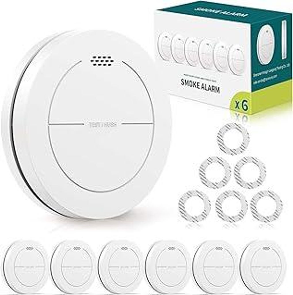 Rauchmelder 6er Set, ohne Blinkende LED, mit 10 Jahre Batterie, mit Klebepads, Mute Funktion, 85 dB Alarmton, Standalone Flacher Brandmelder für d...