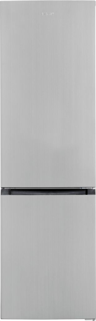 A silver and black refrigerator shown from the front.