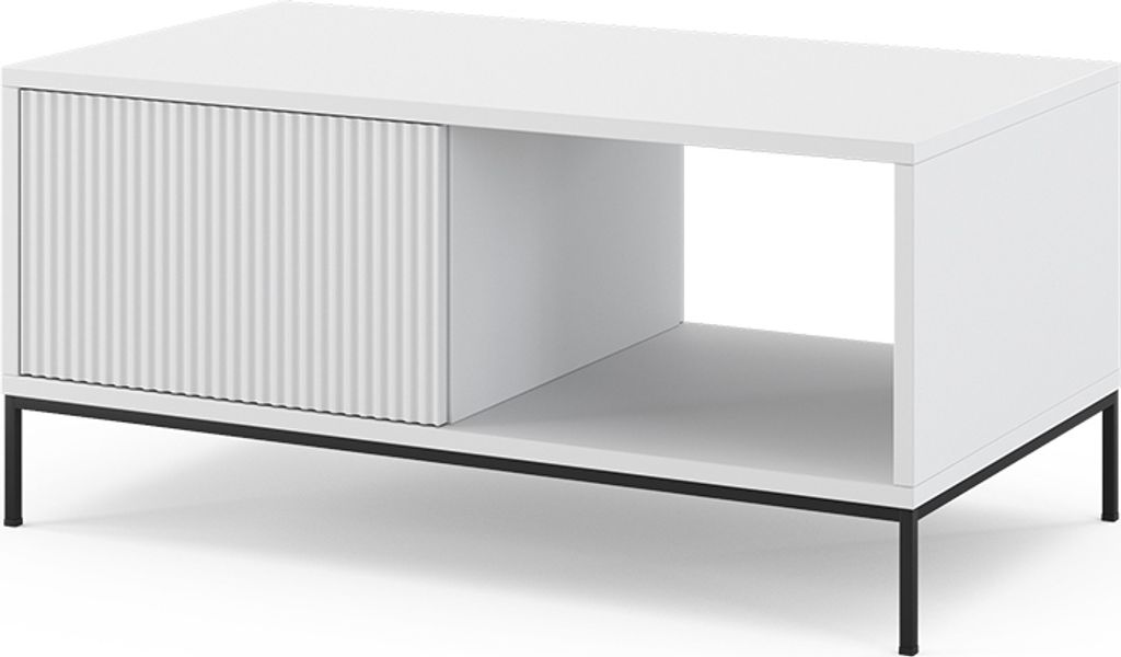 A white coffee table with a fluted drawer front and a black metal frame, shown against a white background.