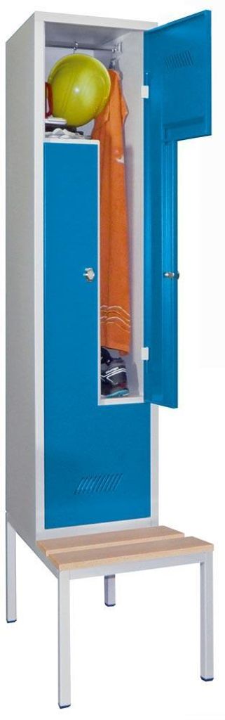 Z-Garderoben, untergeb. Sitzbank, Bucheleiste, 2 Abt., BxTxH 400x500/800x2150 mm, Drehriegel, RAL 7035/5012