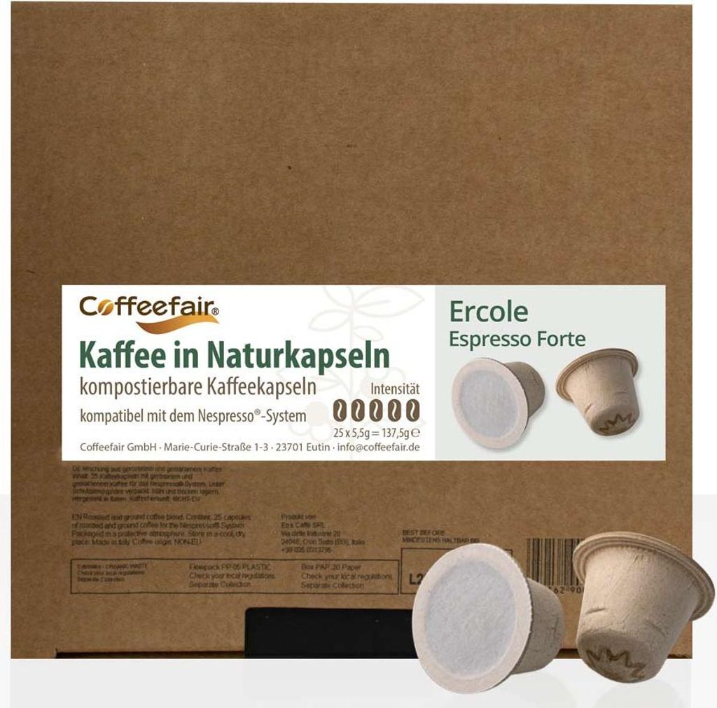 Coffeefair Naturkapseln Ercole Espresso Forte 100 Stk, kompostierbare Kaffeekapseln, kompatibel mit Nespresso