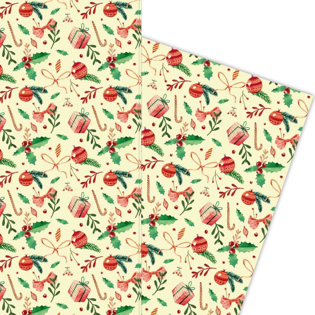 Klassisches Weihnachts Geschenkpapier mit Weihnachts Elementen auf beige - G5935, 32 x 48cm