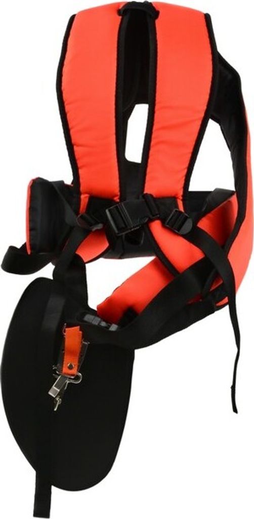 A close-up studio shot of an orange and black harness for a string trimmer or brush cutter.