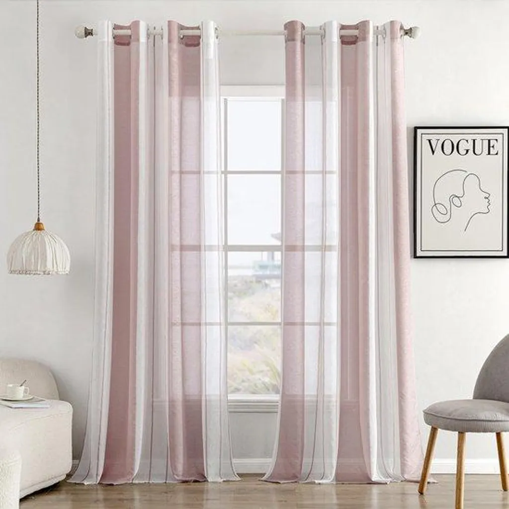Rideaux fins rose et blanc à rayures verticales en tissu léger vaporeux