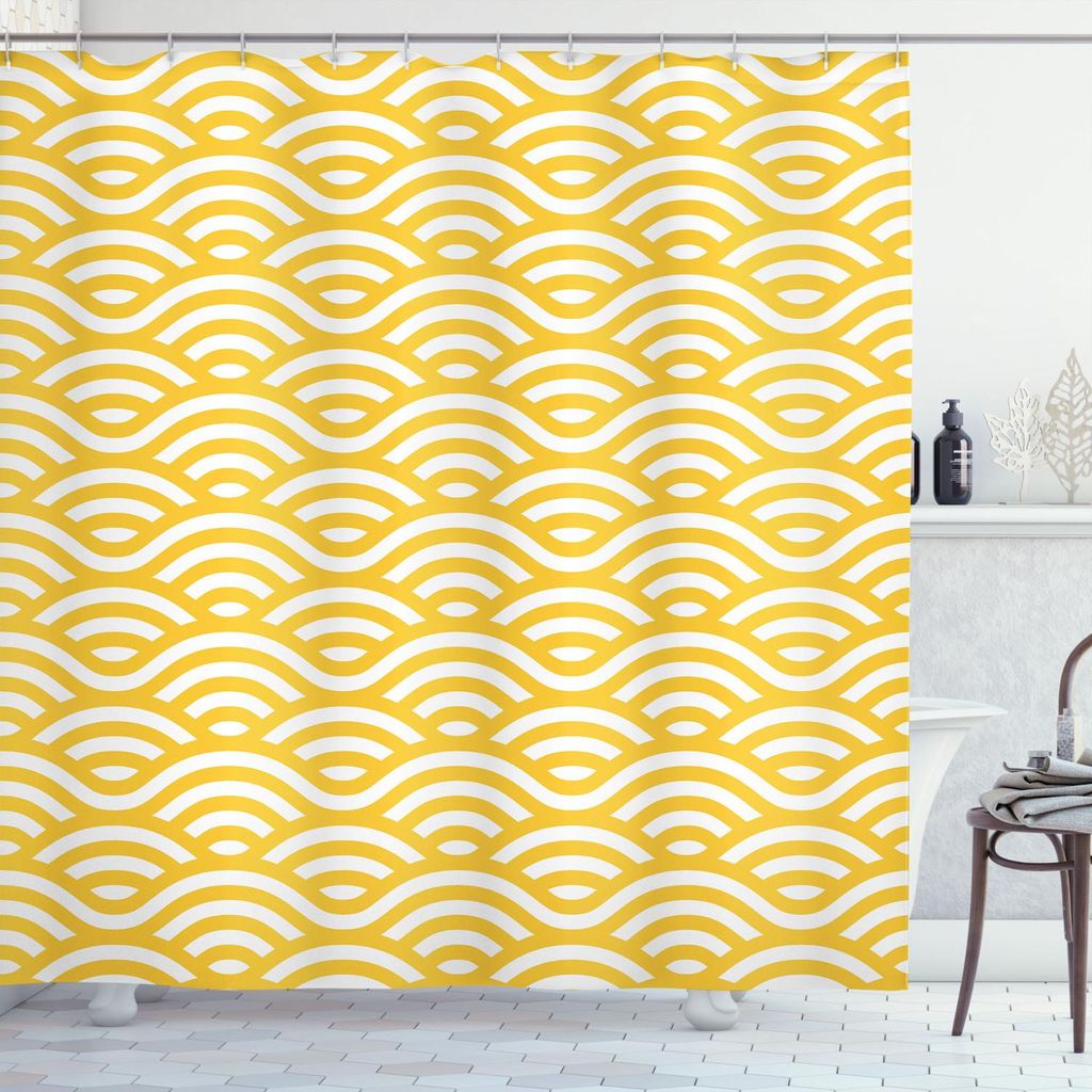 ABAKUHAUS Gelb und Weiß Duschvorhang, Horizontale abstrakte Seeozean-Wellen-Sommer-Strand-Küsten-Feiertags-Thema, 175 x 240 cm, Marigold Weiß
