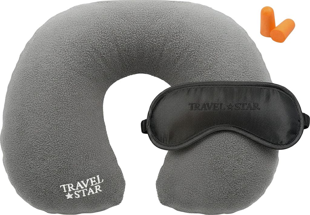 Travelstar Aufblasbares Nackenkissen Reiseset – Inkl. Schlafmaske & Ohrstöpsel – Fleecebezug – Waschbar – Grau