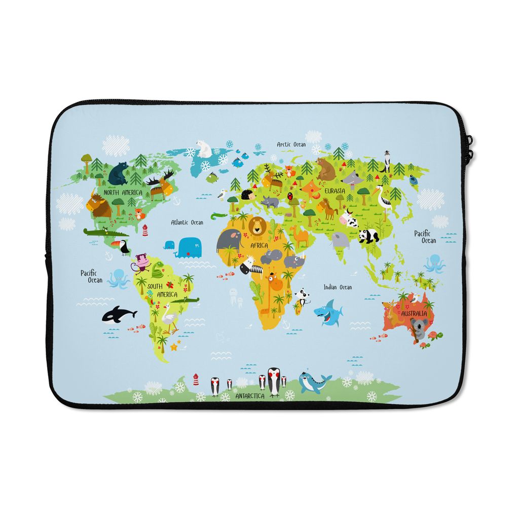 MuchoWow Laptop Hülle 13 Zoll Weltkarte - Kinder - Tiere - Natur - Jungen - Mädchen Laptoptasche - Laptophülle - Sleeve - Rundumschutz
