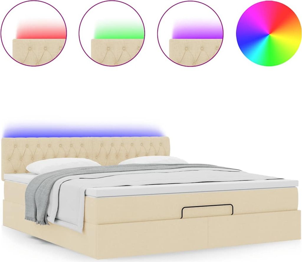 Ottomane Bett mit Matratze & LEDs Creme 180x200 cm Stoff