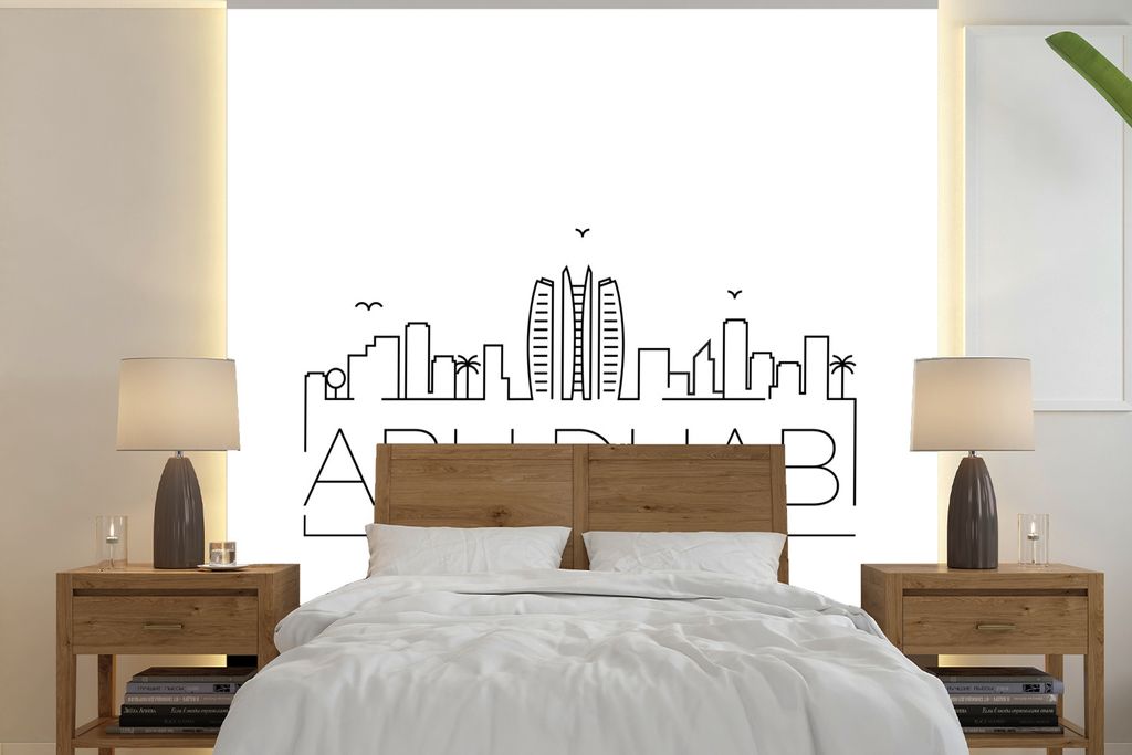 MuchoWow Fototapete für Wohnzimmer oder Schlafzimmer Wandtapete Vinyl Motivtapete Skyline "Abu Dhabi" schwarz auf weiß - 240x240 cm - Schlafzim...