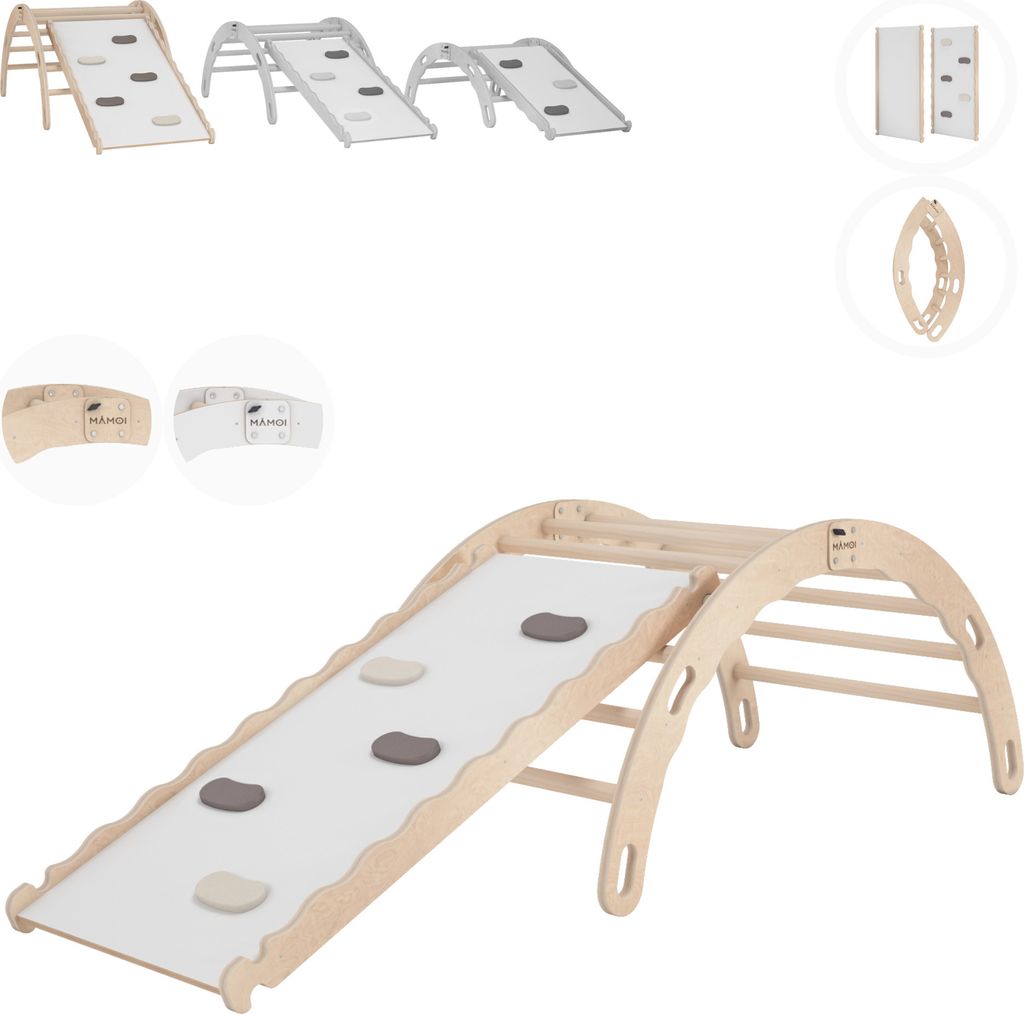 MAMOI Maxi Kletterbogen mit rutsche, Kletterdreieck, Baby klettern, Regenbogenwippe aus holz, Holzbogen für Kinder, Rutschbrett für spielplatz,...