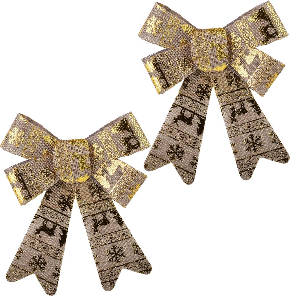 Weihnachtsschleifen Leinenimitat Santa Lila Golddruck 15–18 cm Natur/Gold 2er-Set
