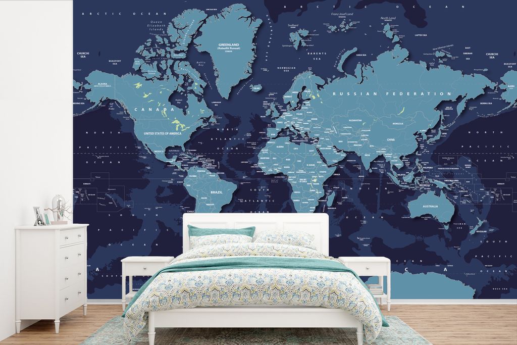 MuchoWow Fototapete für Wohnzimmer oder Schlafzimmer Wandtapete Vinyl Motivtapete Weltkarte - Abstrakt - Blau - 420x280 cm - Zimmer für Kinder