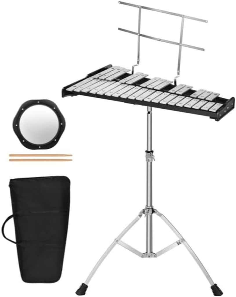 32 Noten Glockenspiel Xylophon, Holzrahmen & Aluminium Klangplatten, Glockenspiel Set mit höhenverstellbarem Ständer, Schlägel & Tragetasche, Mu...