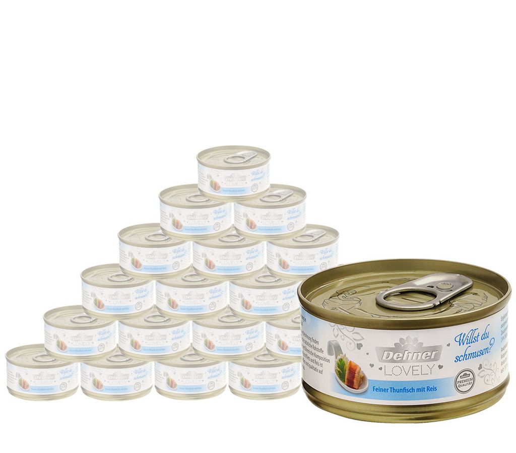 Dehner Premium Lovely Katzenfutter, Nassfutter glutenfrei, für ausgewachsene Katzen, Thunfisch / Reis, 24 x 70 g Dose (1.68 kg)