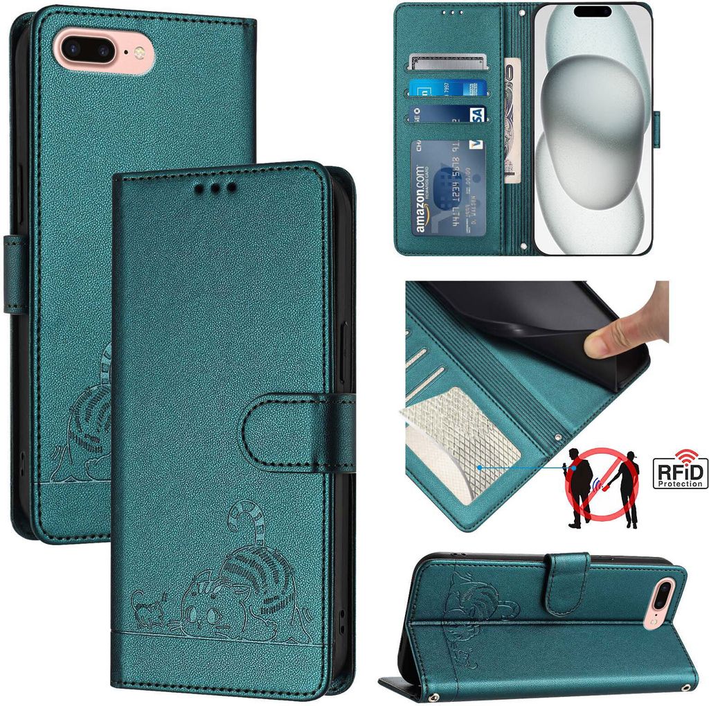 Leder Hülle für iPhone 8 Plus/7 Plus/6s Plus/6 Plus Süße Katze Flip Case Brieftasche Schutzhülle mit Standfunktion Grün