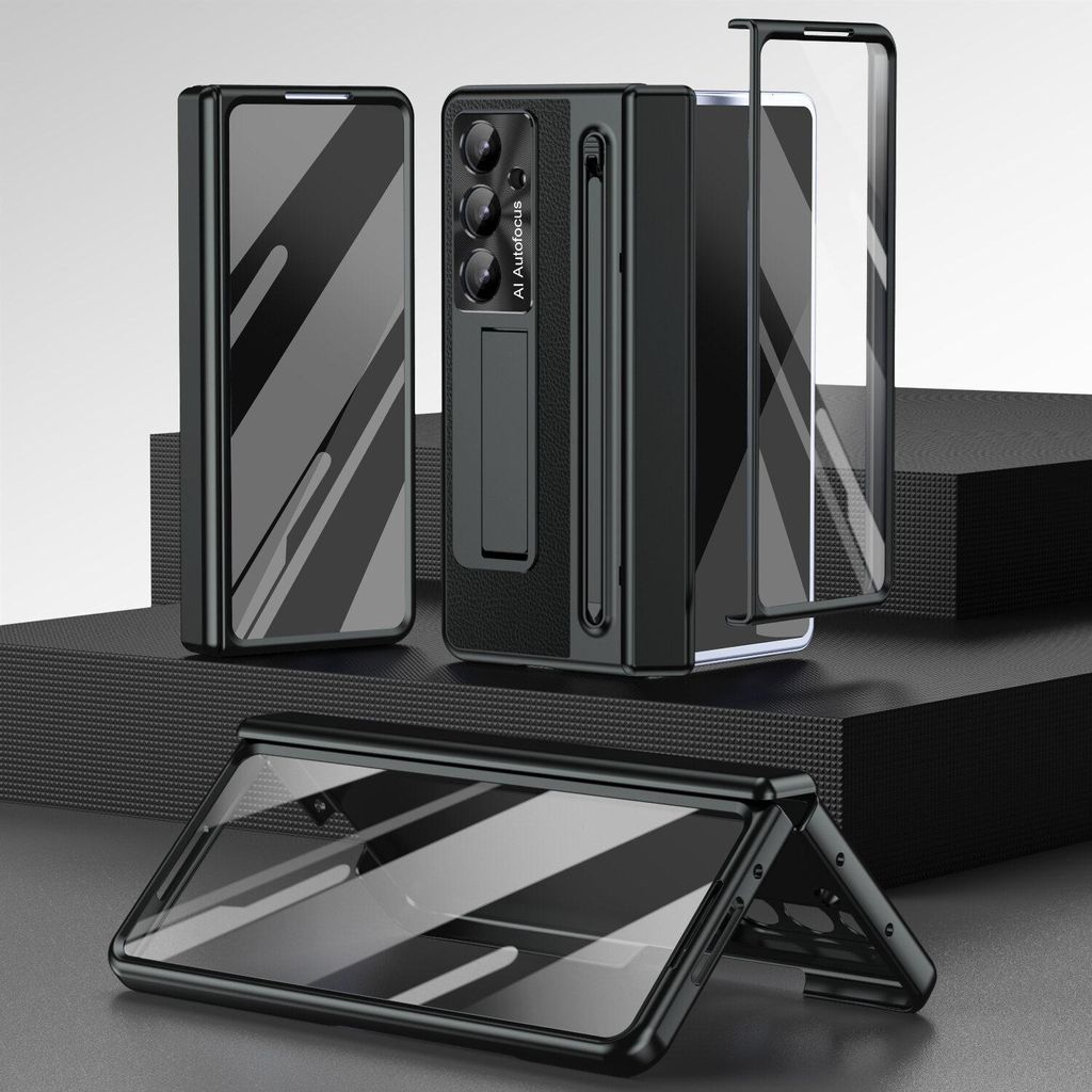 Hülle für Samsung Galaxy Z Fold 7, mit Stifthalter und Eingabestift, Handyhülle mit Ständer, eingebauter Displayschutz, Kameraschutz Schwarz