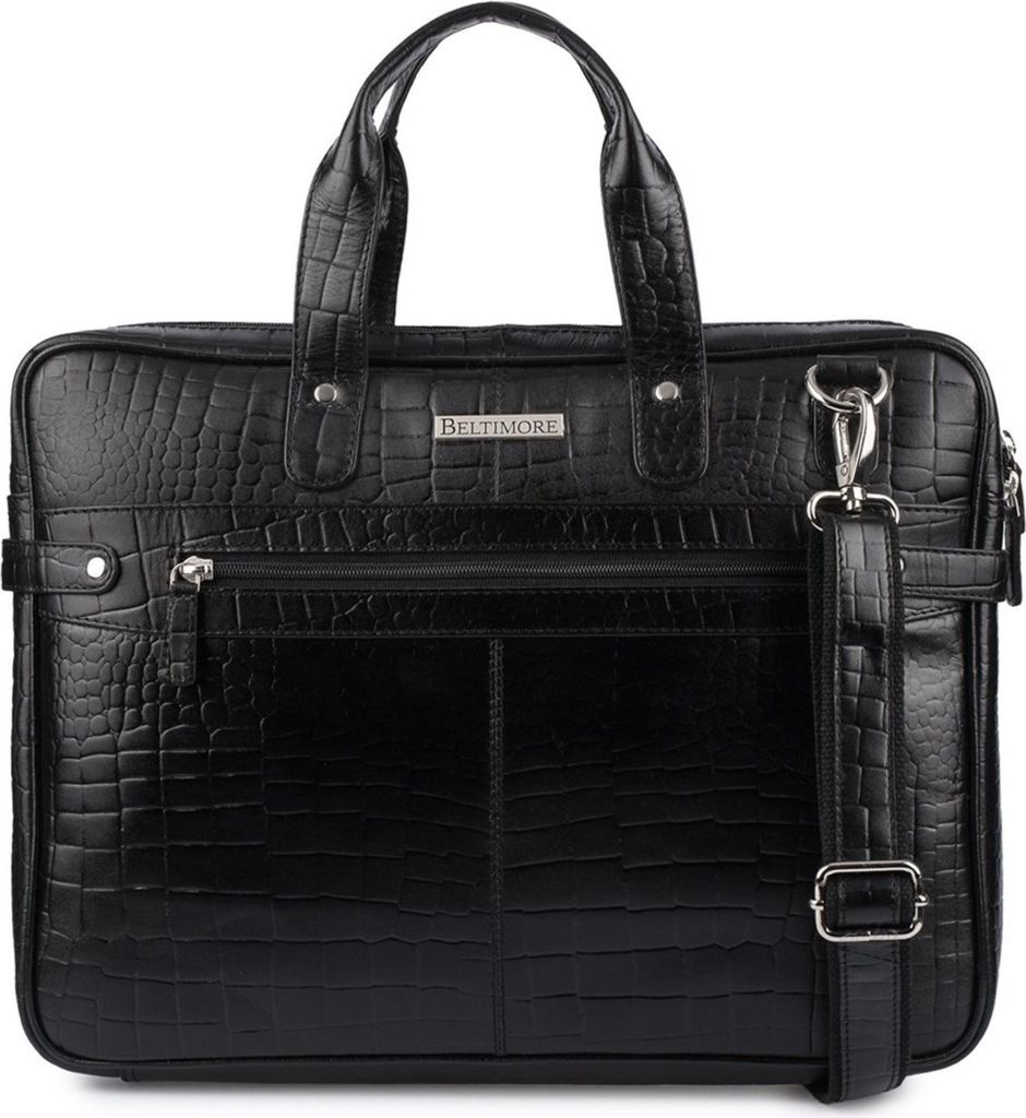 Aktentasche aus Leder, Kroko-Aktentasche für 15"6 Laptop, schwarz, A4, Beltimore