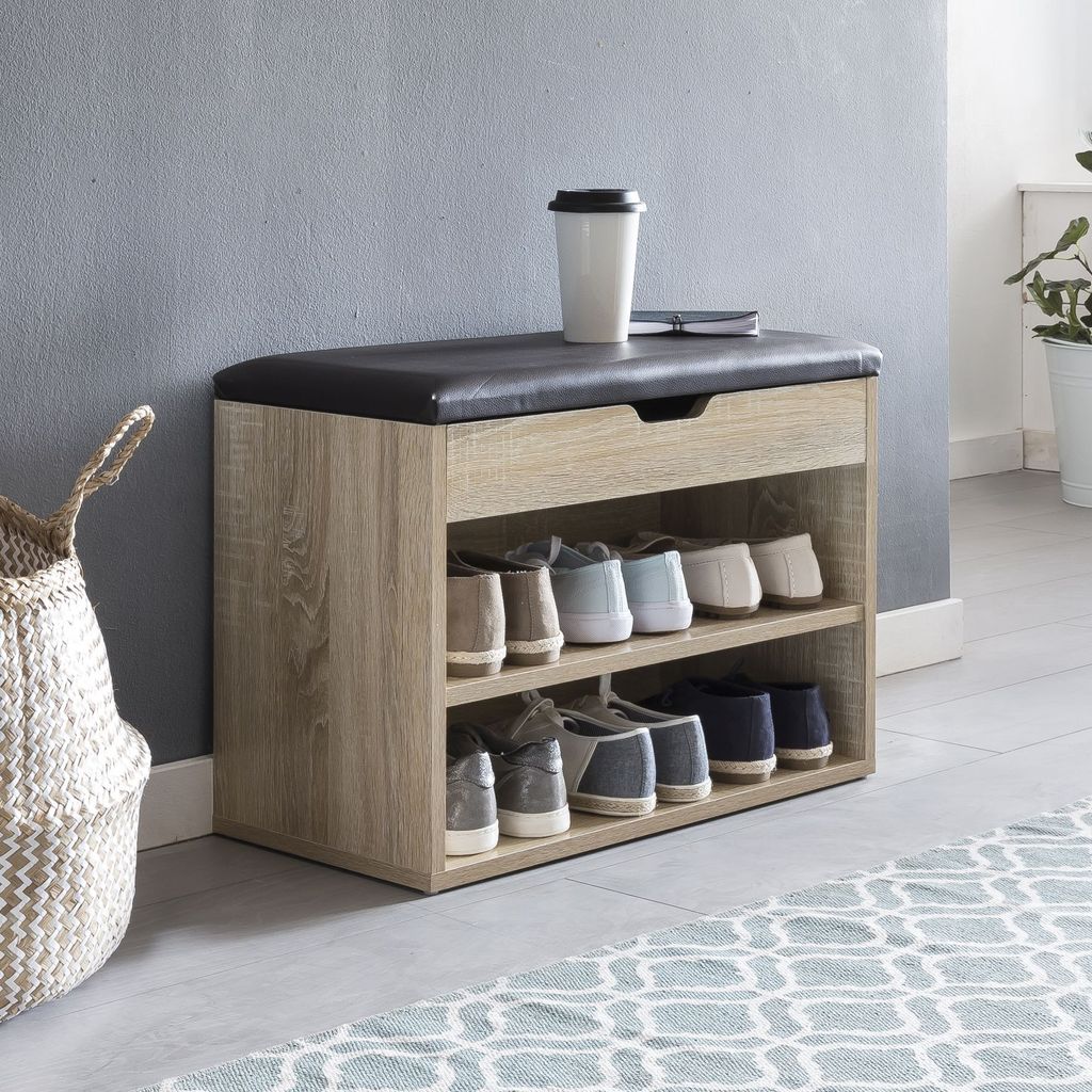 WOHNLING Schuhbank mit Sitzfläche Sonoma Garderoben-Bank Holz 60 x 40 x 30 cm Holzbank klein gepolstert Sitzbank schmal Flur mit Stauraum Truhenbank