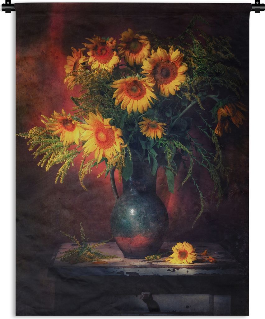 MuchoWow Wandteppich Wandbehang Sonnenblumen - Vase - Stilleben 90x120 cm Tapisserie Dekoration Wandtuch - Wanddeko