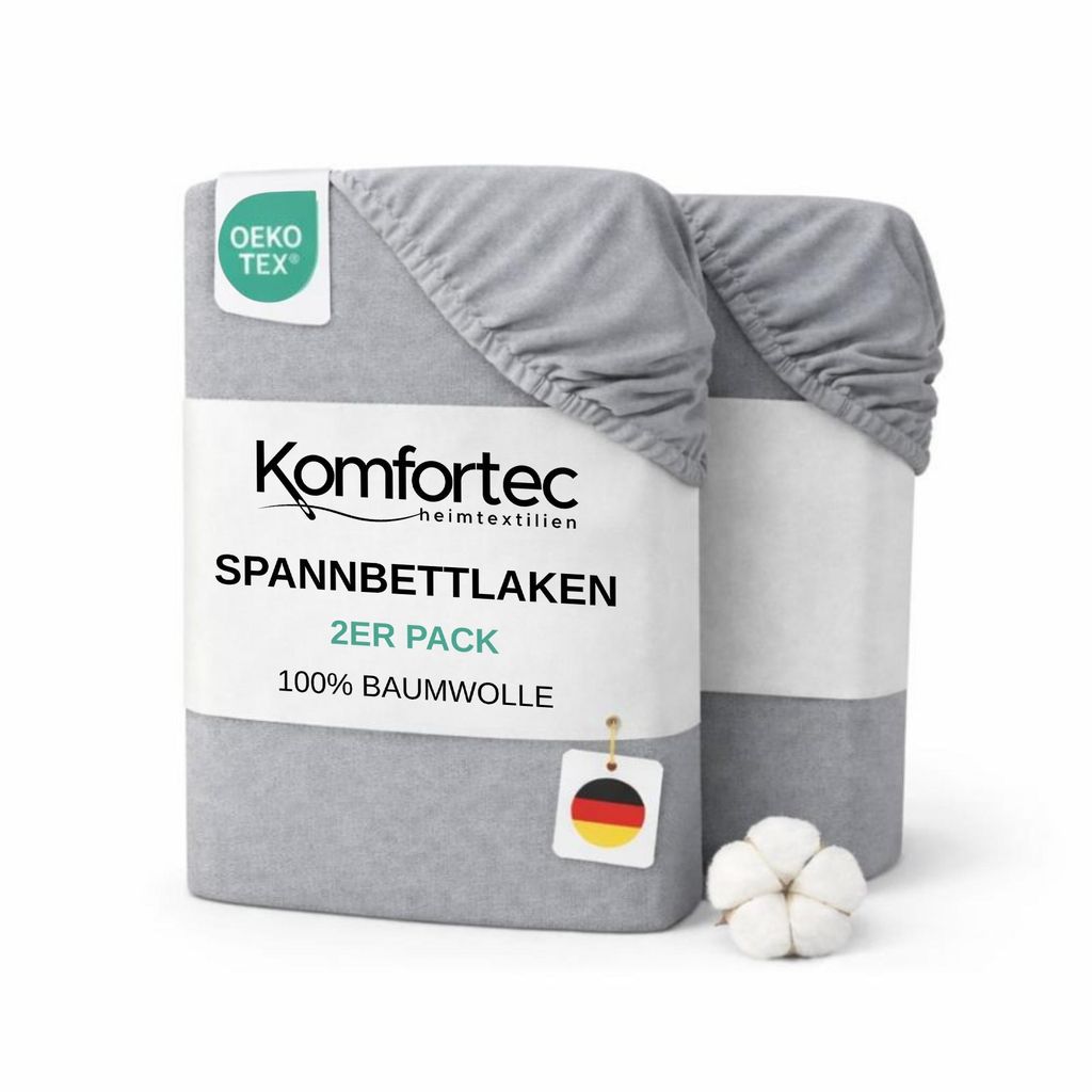 Two folded grey fitted sheets are shown in packaging with product information. A small cotton boll is placed in the foreground.
