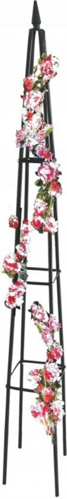 A black metal garden obelisk decorated with artificial pink and red roses and green leaves, set against a white background.