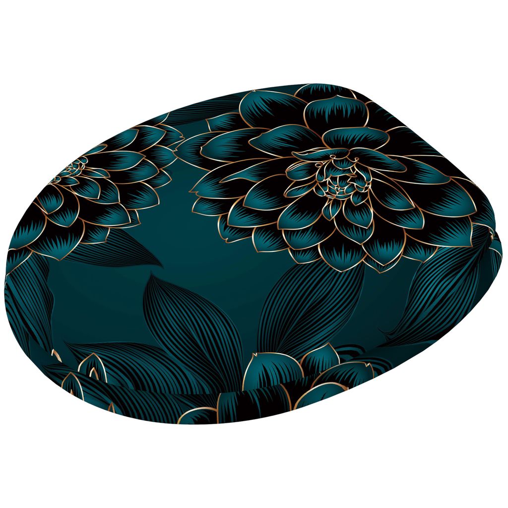 A close-up view of a toilet seat cover with a floral pattern.