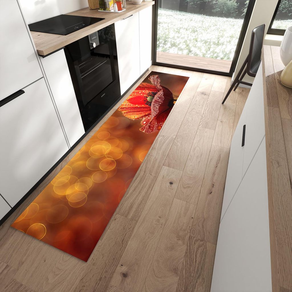 Küchenteppich 60x270cm rutschfest & abwischbar PVC Läufer - Blühende Mohnblume