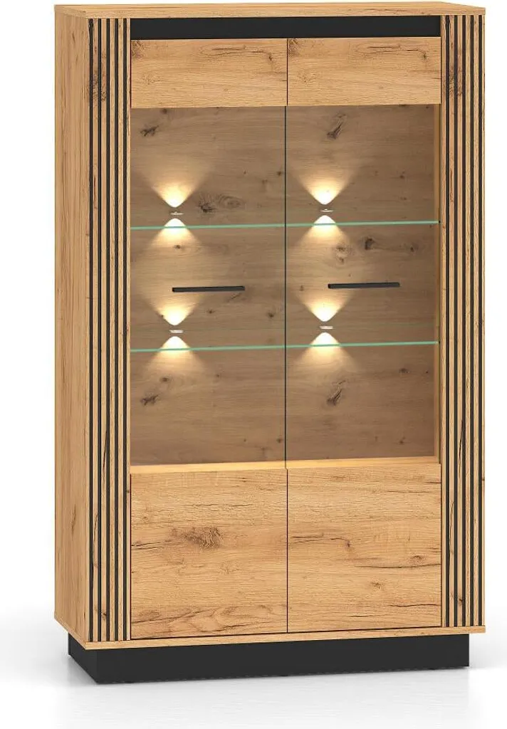 Grande Vitrine Design Chêne et Noir 92x141cm - Finition Texturée Beige