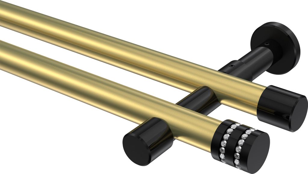 Interdeco Gardinenstange / Vorhangstange Messing-Optik / Schwarz, Typ Prestige Estana (Glitzerkappe) ohne Ringe, 20 mm Ø 2-läufig, 240 cm