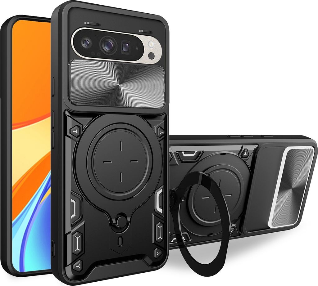Handyhülle für Google Pixel 9 /Pixel 9 Pro Dual-Layer Stoßfest Rüstung Hülle mit Dia Kameraschutz und Kreisförmig Ring Ständer Schwarz