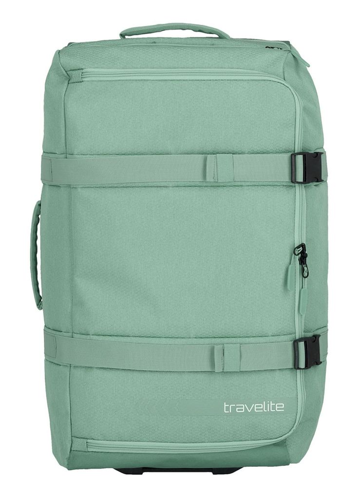 A mint green travel bag with straps and buckles, shown from the front.