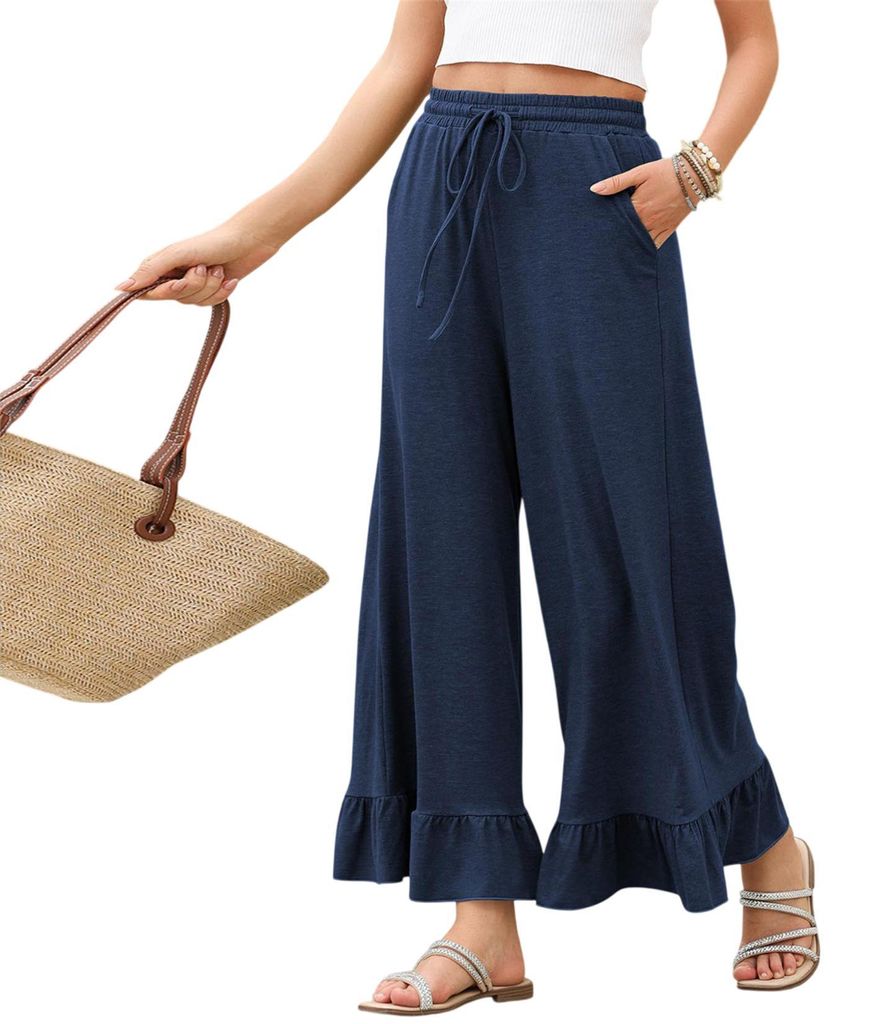ASKSA Damen Sommerhose Laenge Weites Bein Sommer Hose mit Rueschensaum Solid Color Casual Pants High Waist Casual (Dunkelblau,XXL)