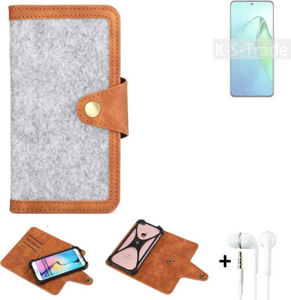 K-S-Trade Handyhülle + Kopfhörer kompatibel mit Oppo Reno8 Pro+ Schutzhülle Filz Hülle Kunstleder hellgrau braun (1x)