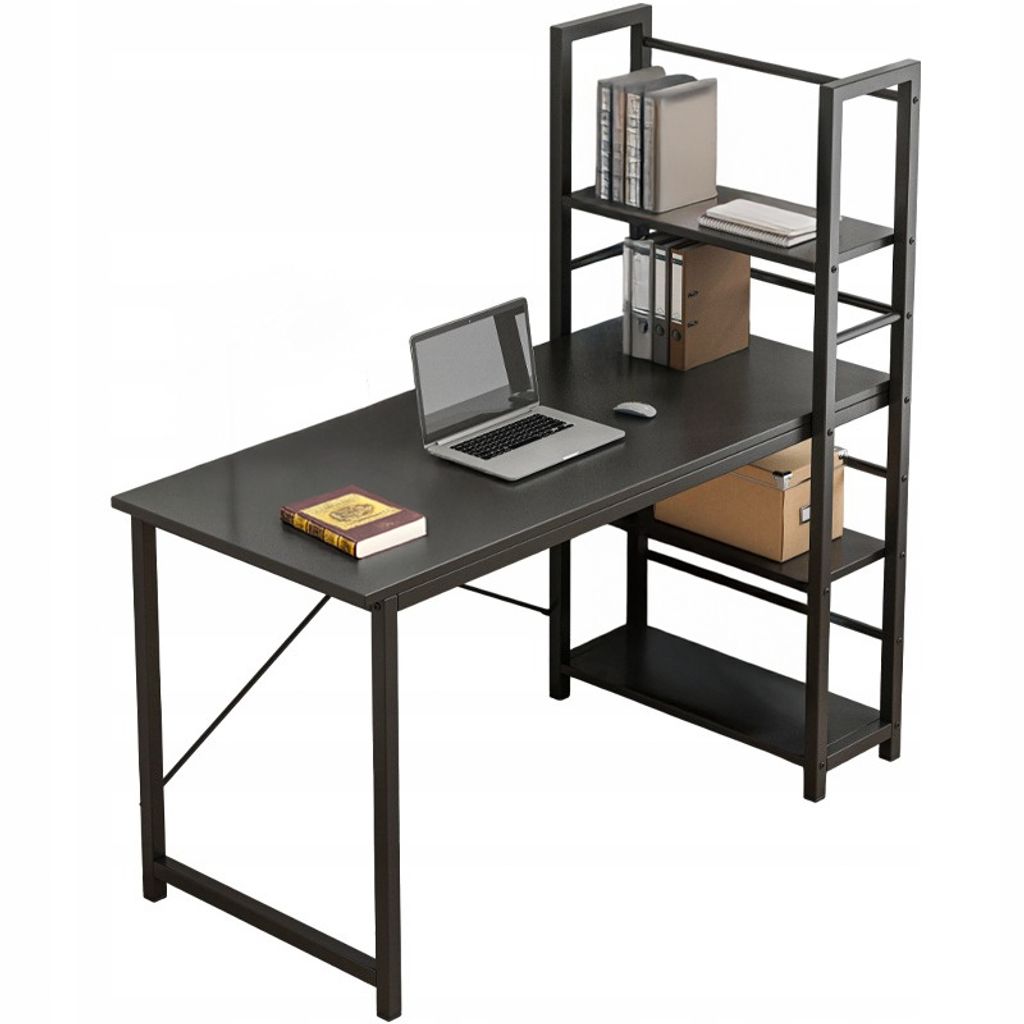 A black computer desk with a shelf unit attached.