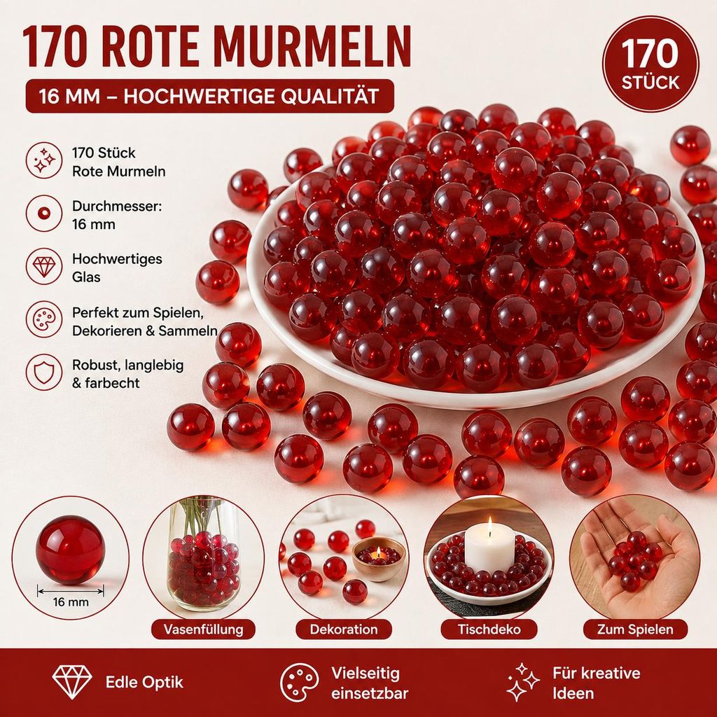 170 rote Glasmurmeln 16 mm aus hochwertigem Glas. Transparente Murmeln für Vase, Deko, Basteln KI-generiertes Bild