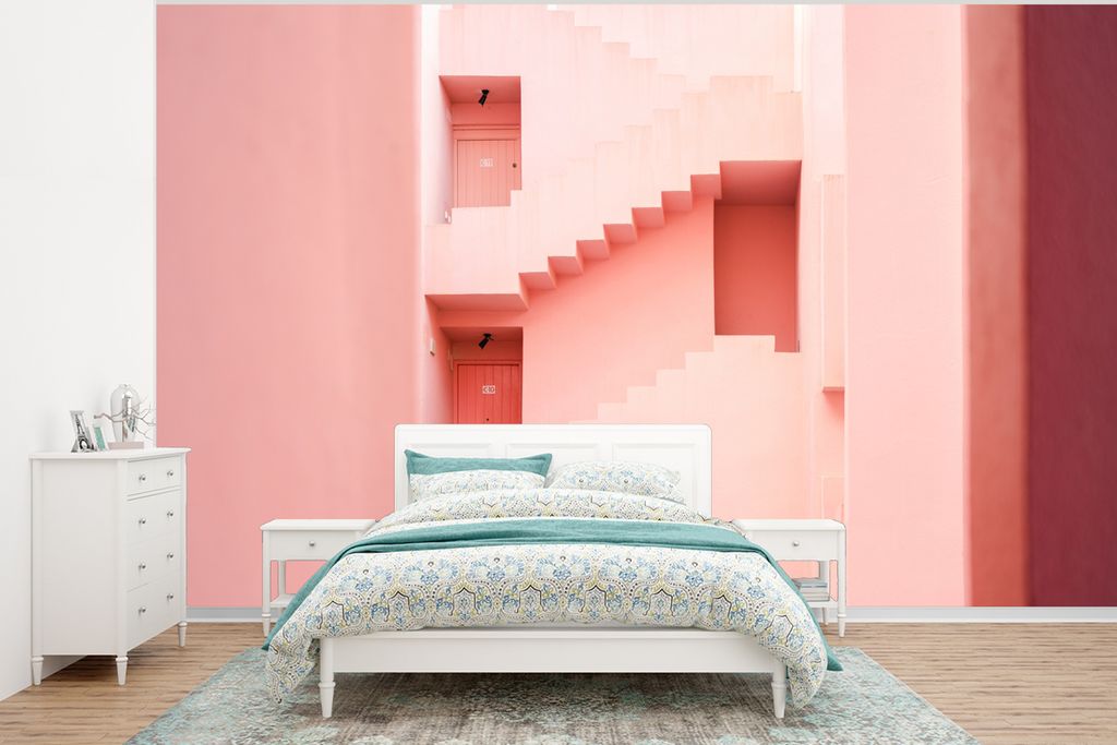 MuchoWow Fototapete für Wohnzimmer oder Schlafzimmer Wandtapete Vinyl Motivtapete Architektur - Treppe - Rosa - Haus - 375x280 cm - Schlafzimmer...
