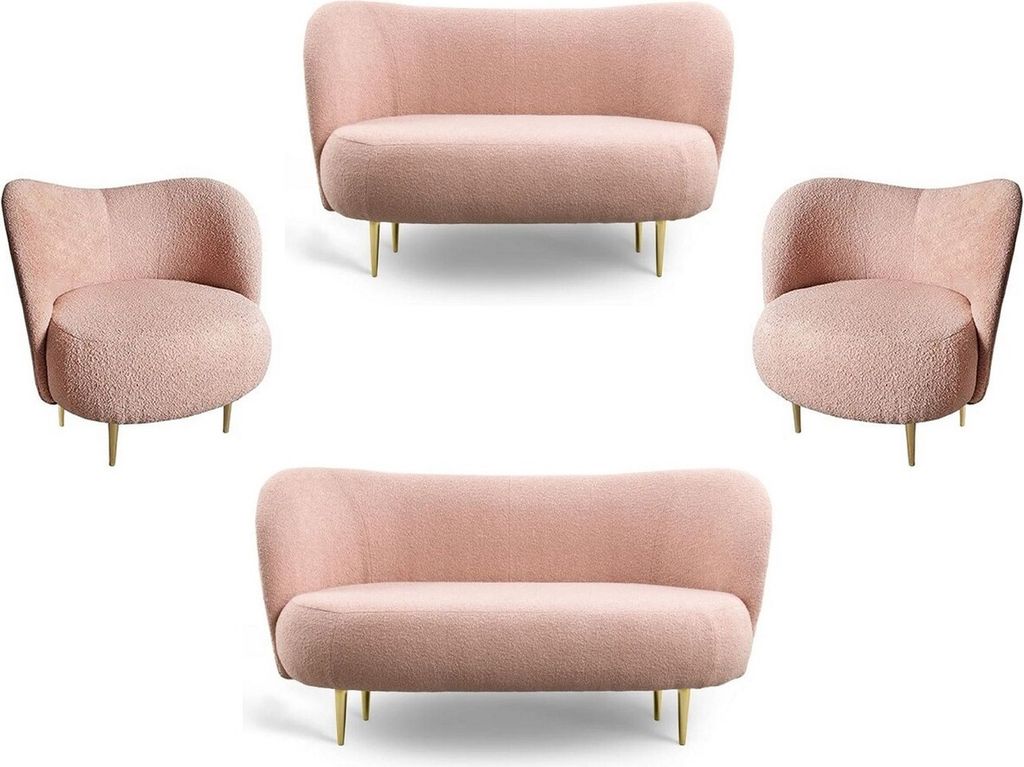 Casa Padrino Luxus Wohnzimmer Set Rosa / Gold - 2 Luxus Sofas mit gebogener Rückenlehne & 2 Luxus Sessel mit gebogener Rückenlehne - Luxus Möbel...
