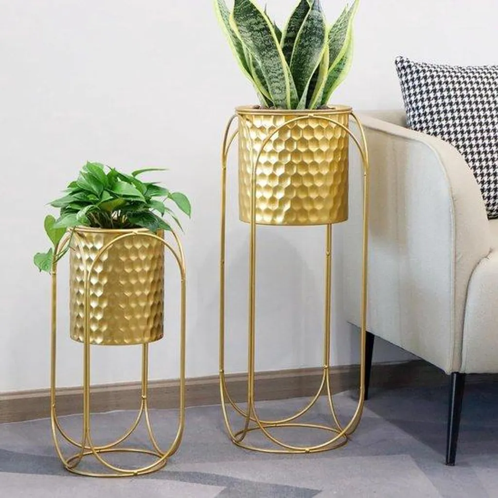 Lot de 2 jardinières sur pied dorées 65 et 45 cm pour salon et balcon