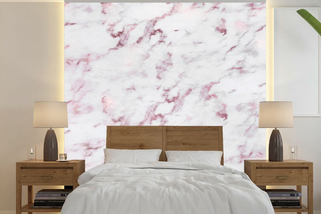 MuchoWow Fototapete für Wohnzimmer oder Schlafzimmer Wandtapete Vinyl Motivtapete Marmor - Weiß - Rosa - 350x350 cm - Schlafzimmertapete