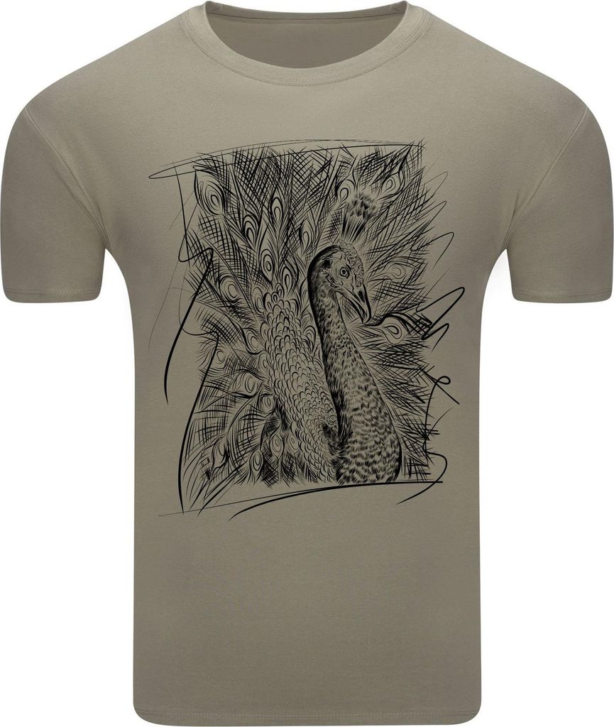 Diarbo Herren T-Shirt mit Tierliebhaber Druck Pfauenskizze Khaki Gr.XXL