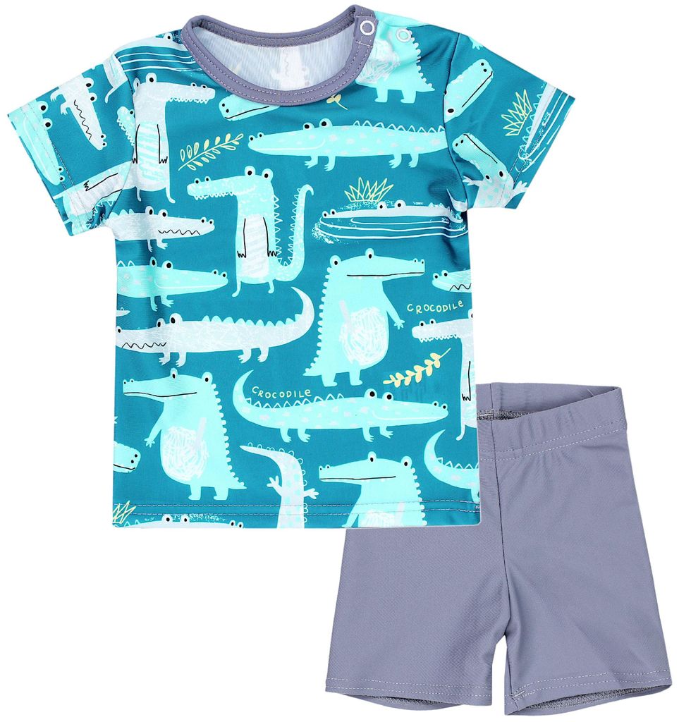 Aquarti Baby Jungen Bade-Set Zweiteiliger Kinder Badeanzug T-Shirt Badehose UV-Schutz, Farbe: Krokodile Blau / Grau, Größe: 110