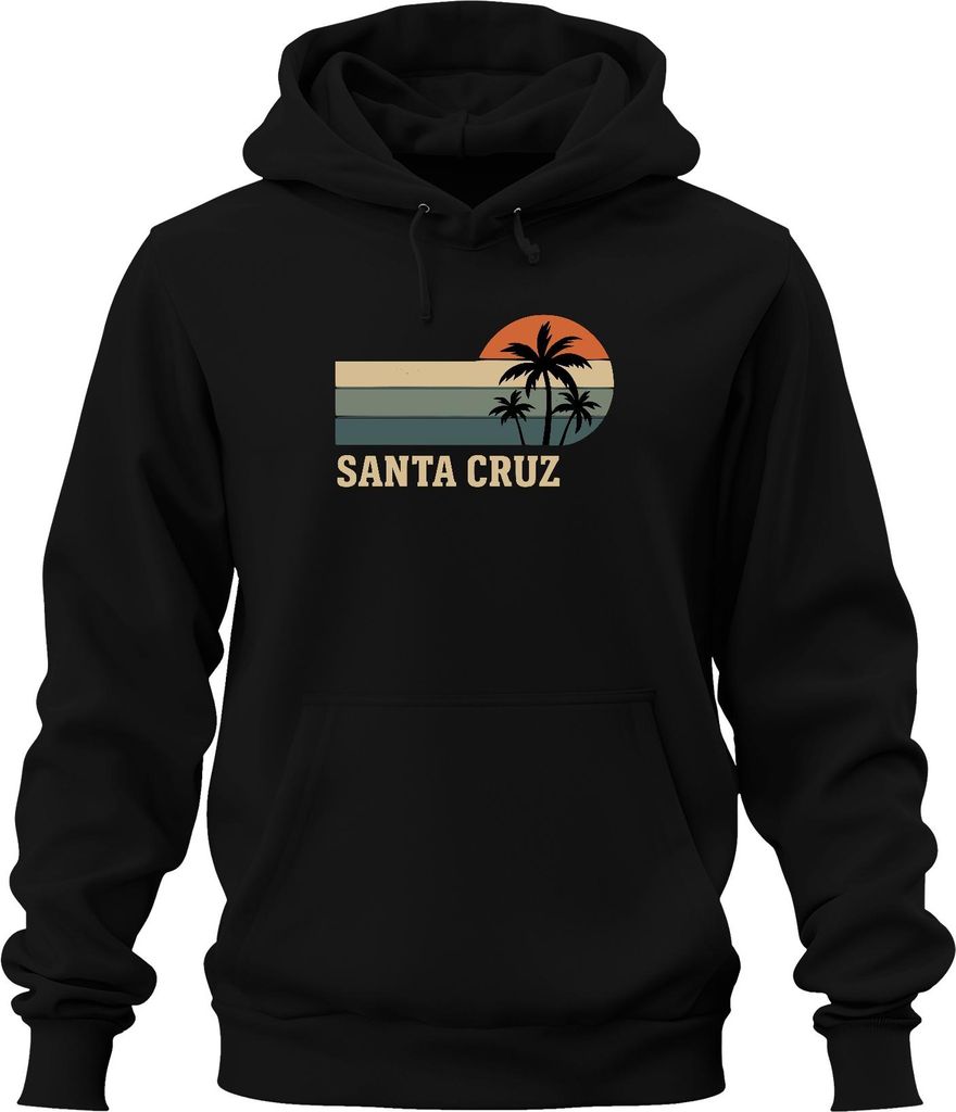 Santa Cruz Palmen Sonnenuntergang Retro Kalifornien Strand Surfen Uni Hoodie Kapuzenpullover, Schwarz, 3XL